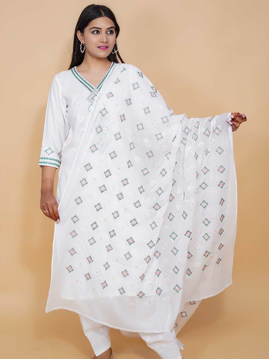 White Machine Work Cotton Dupatta