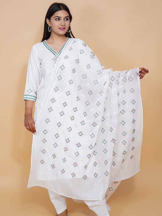 White Machine Work Cotton Dupatta
