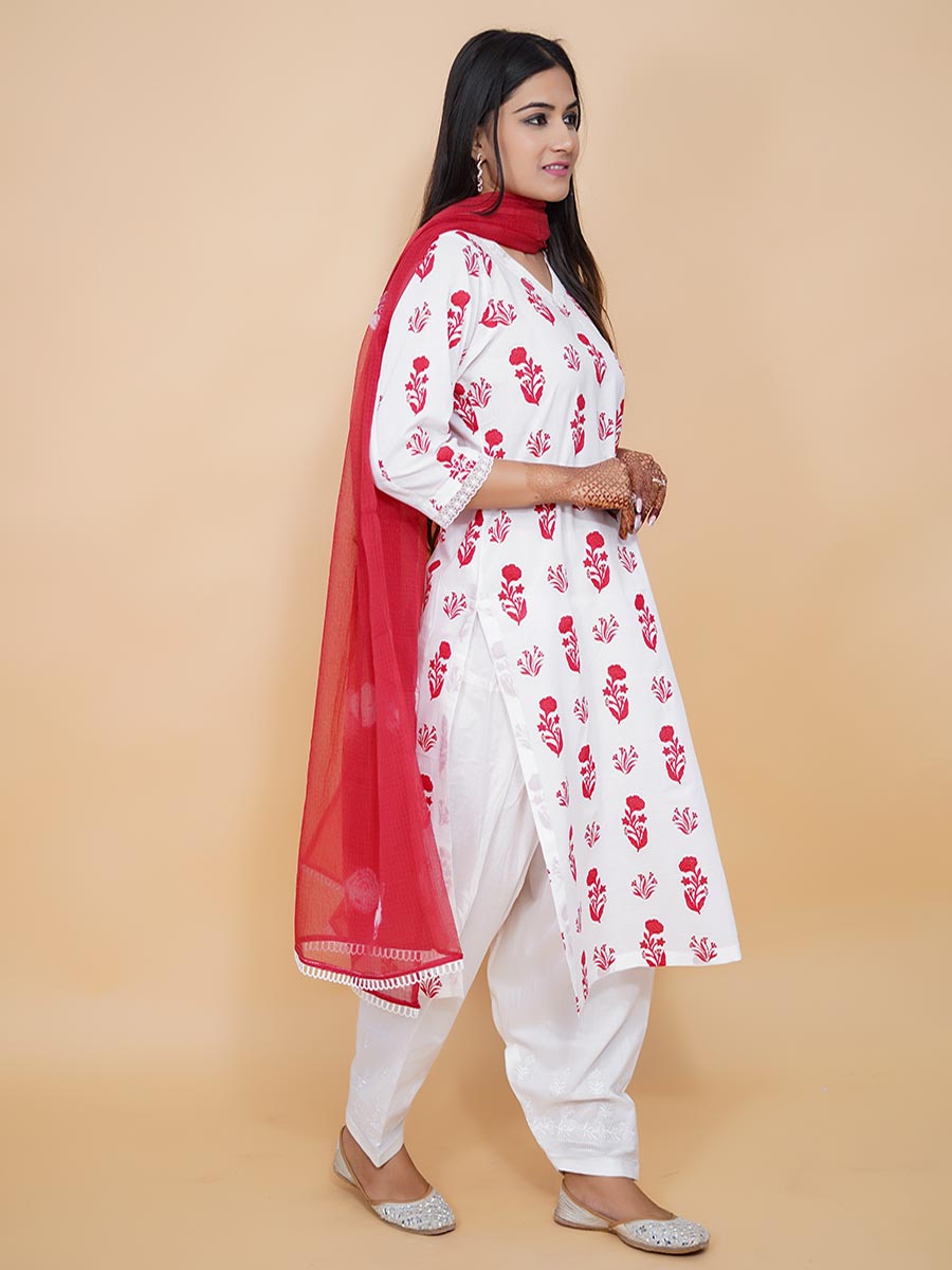 Red Cotton Block Print Suit Set