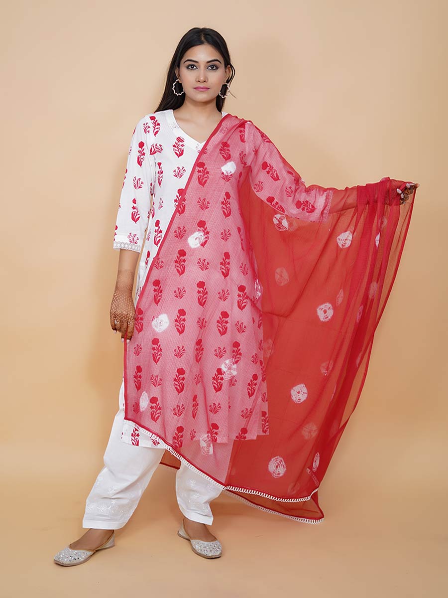 Red Cotton Block Print Suit Set