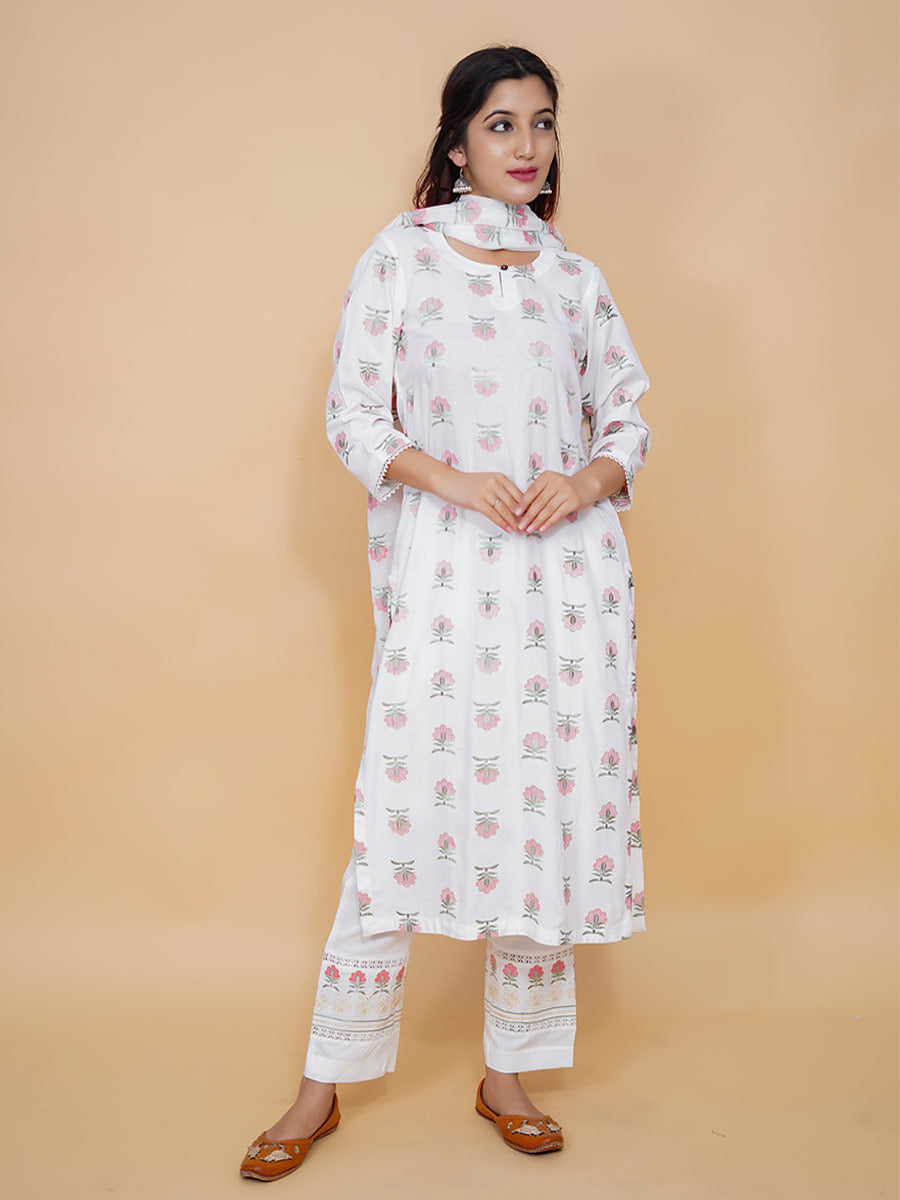 White Machine Work Cotton Dupatta