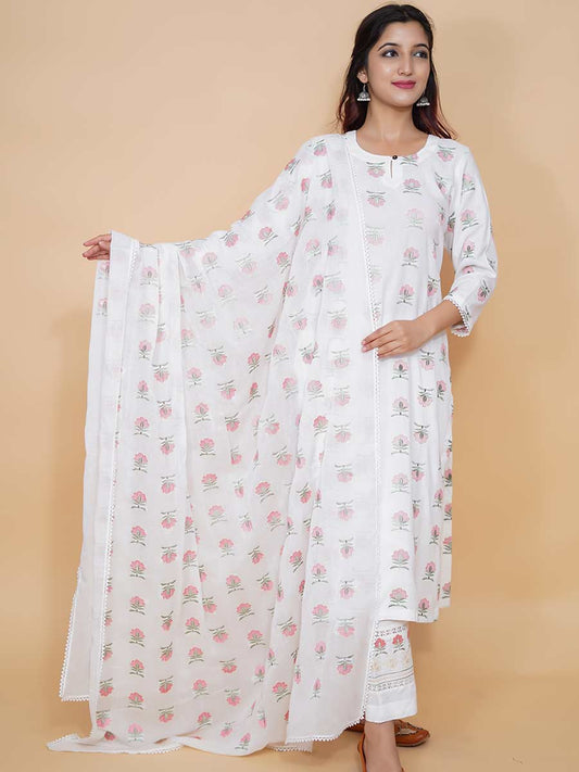 White Machine Work Cotton Dupatta