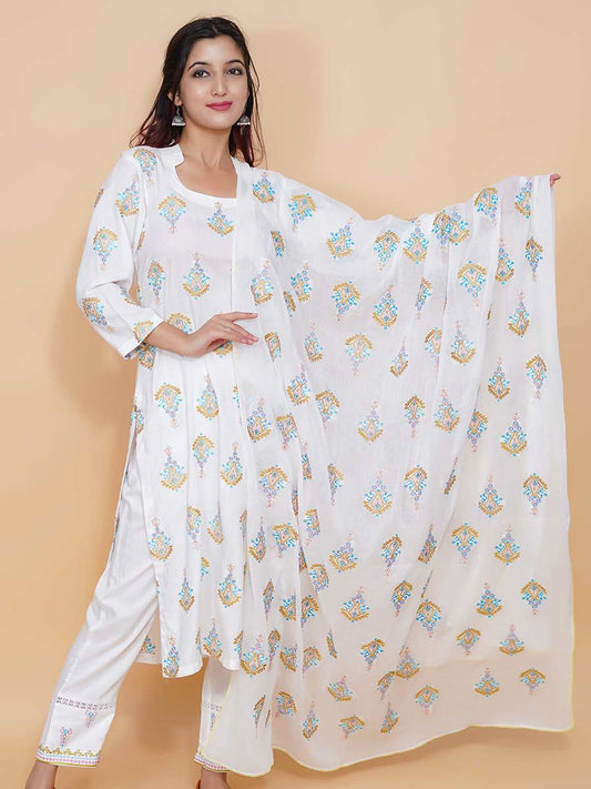 White Machine Work Cotton Dupatta