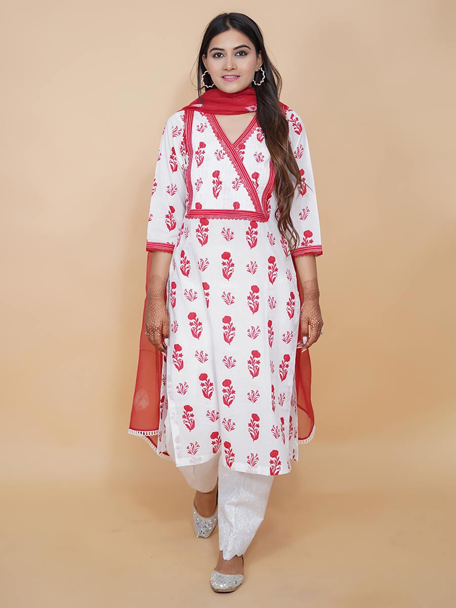 Red Cotton Block Print Suit Set