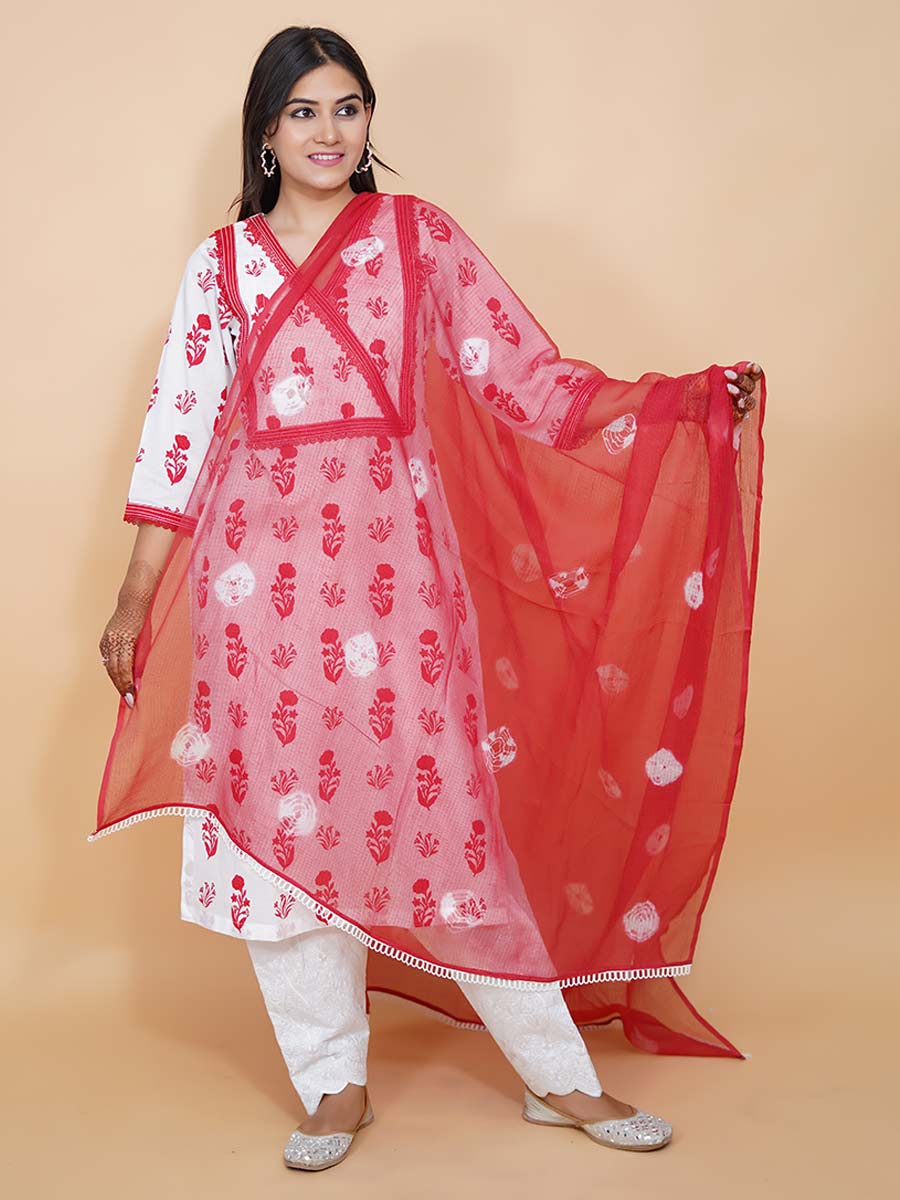 Red Cotton Block Print Suit Set