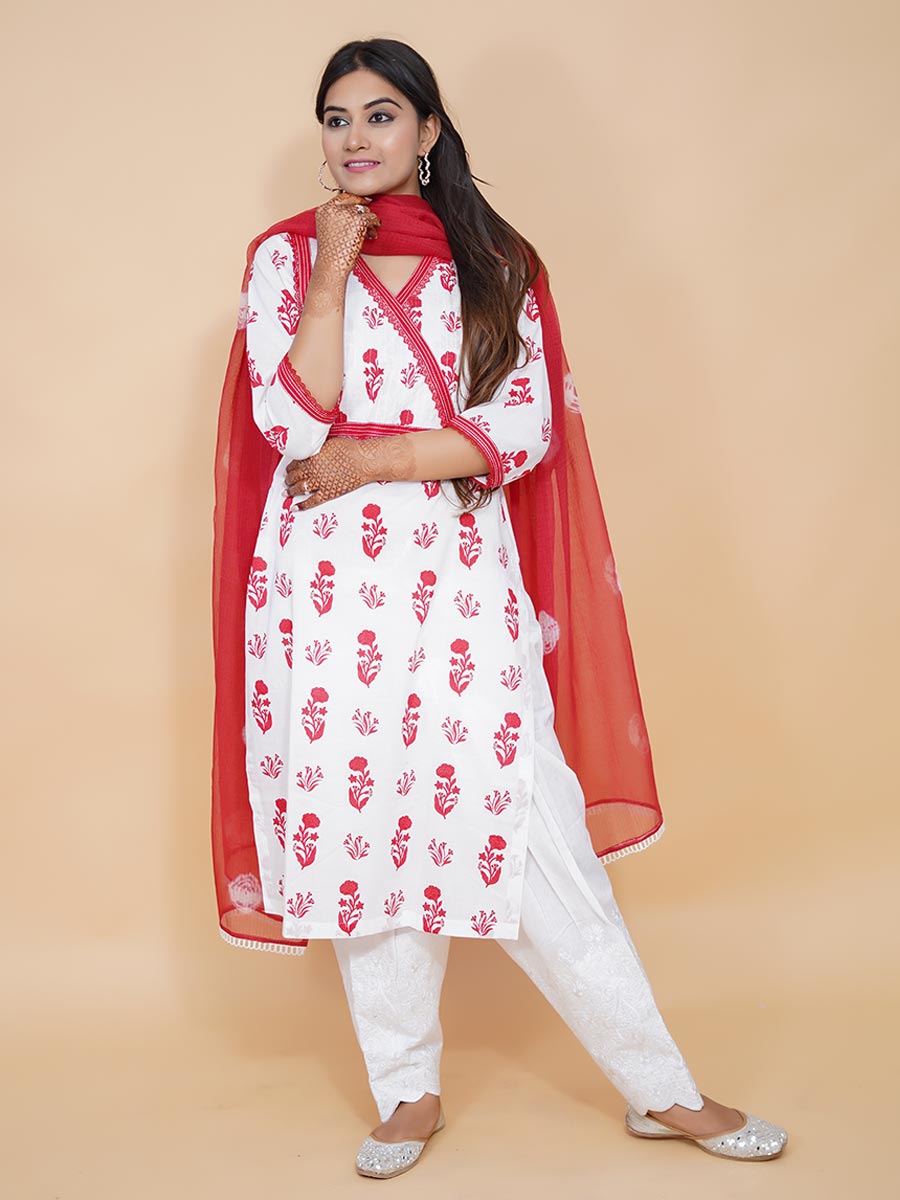 Red Cotton Block Print Suit Set