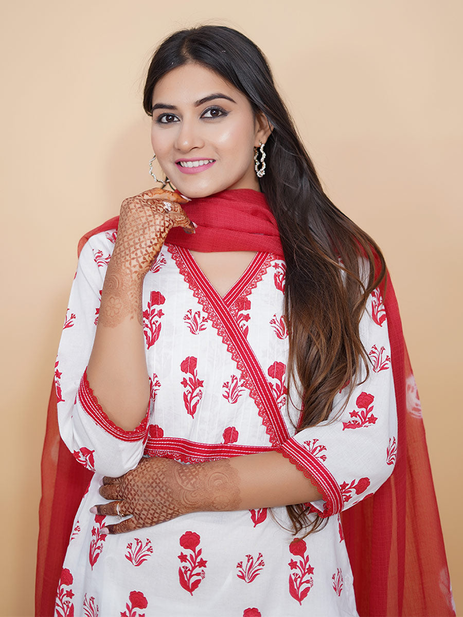 Red Cotton Block Print Suit Set