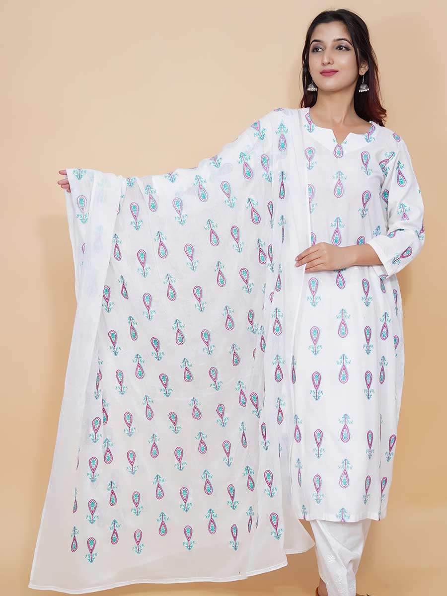 White Machine Work Cotton Dupatta