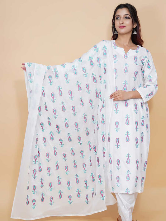 White Machine Work Cotton Dupatta