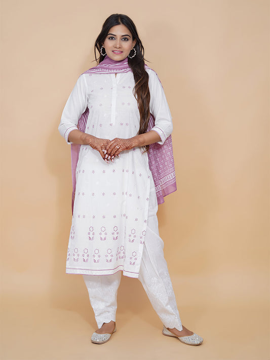 White Cotton Block Print Machine Work Suit Set
