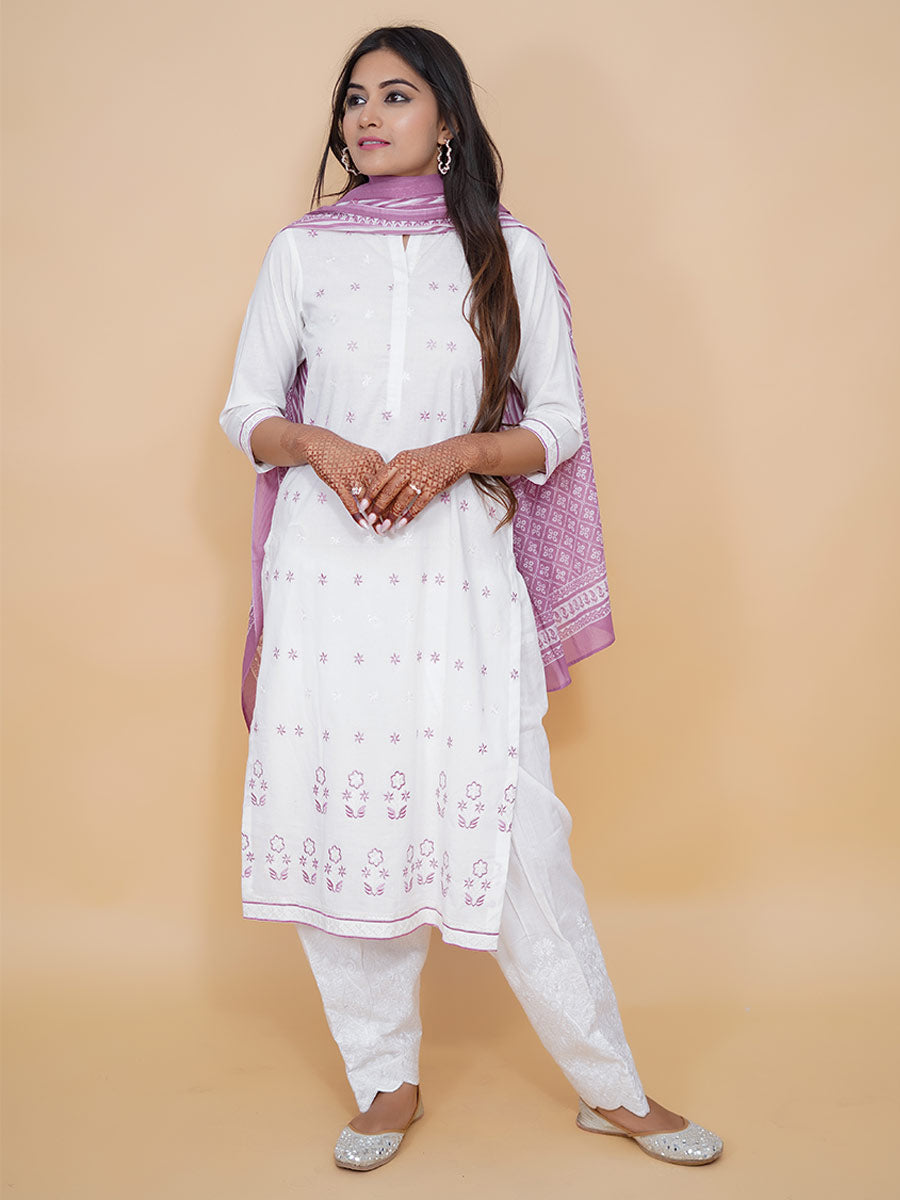 White Cotton Block Print Machine Work Suit Set