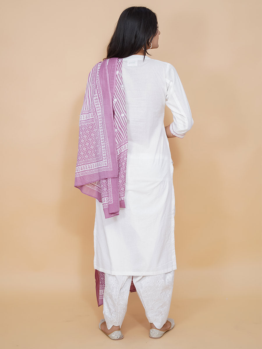 White Cotton Block Print Machine Work Suit Set