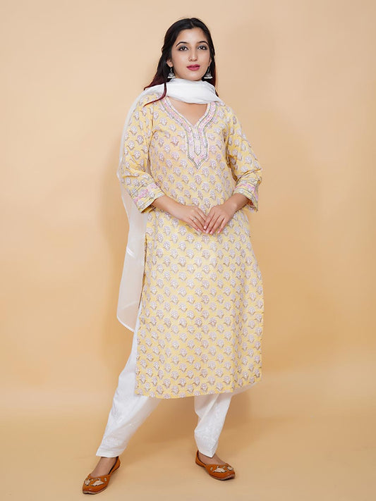 Yellow Cotton Block Print Suit Set
