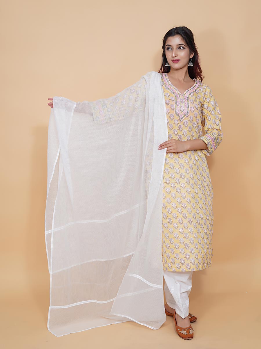 Yellow Cotton Block Print Suit Set
