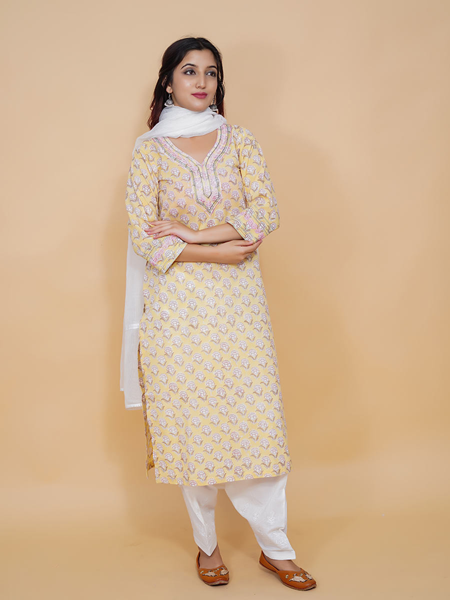 Yellow Cotton Block Print Suit Set