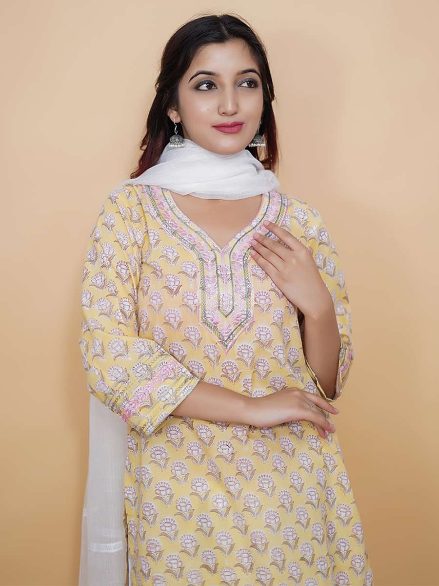 Yellow Cotton Block Print Suit Set