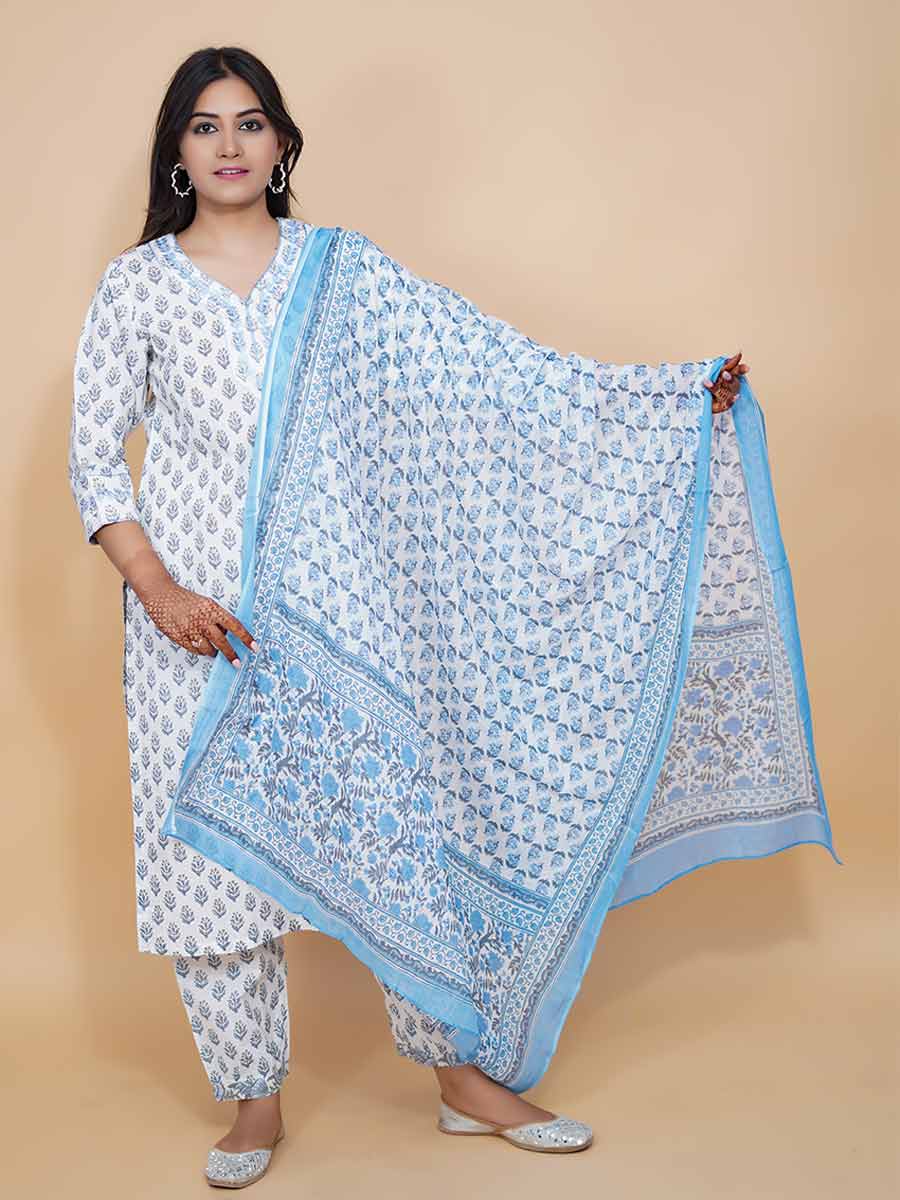 Blue Cotton Block Print Suit Set