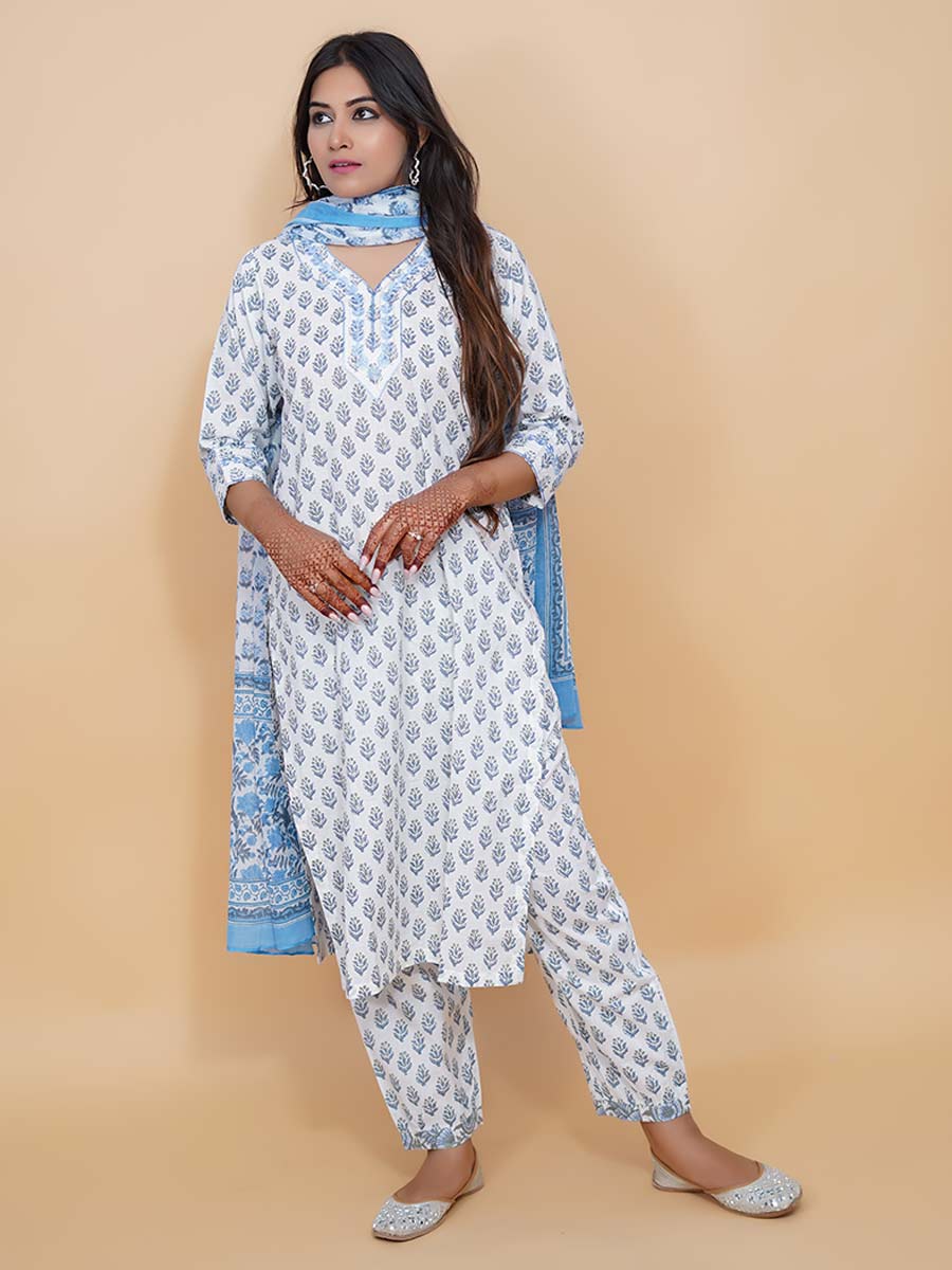 Blue Cotton Block Print Suit Set