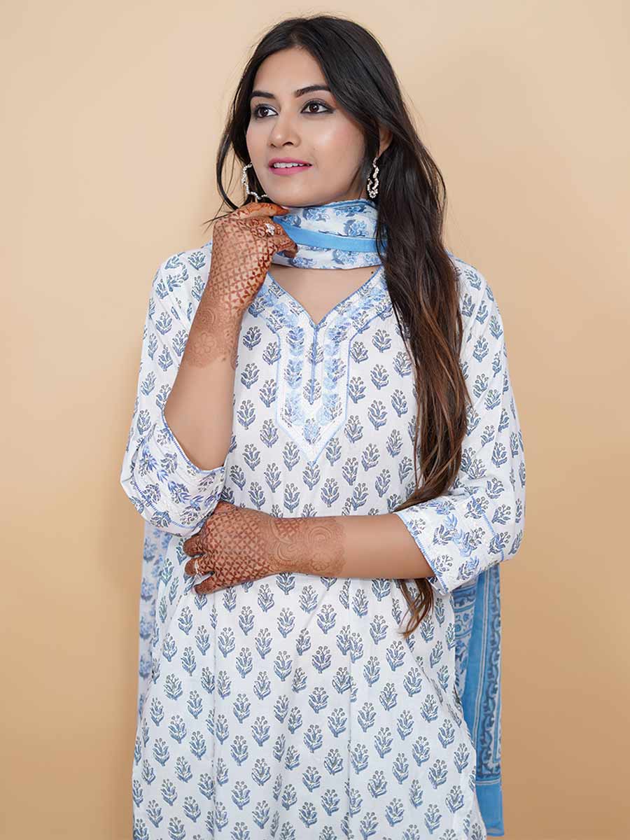 Blue Cotton Block Print Suit Set