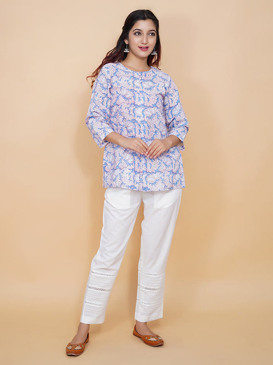 Blue Dabu Printed Cotton Short Kurta