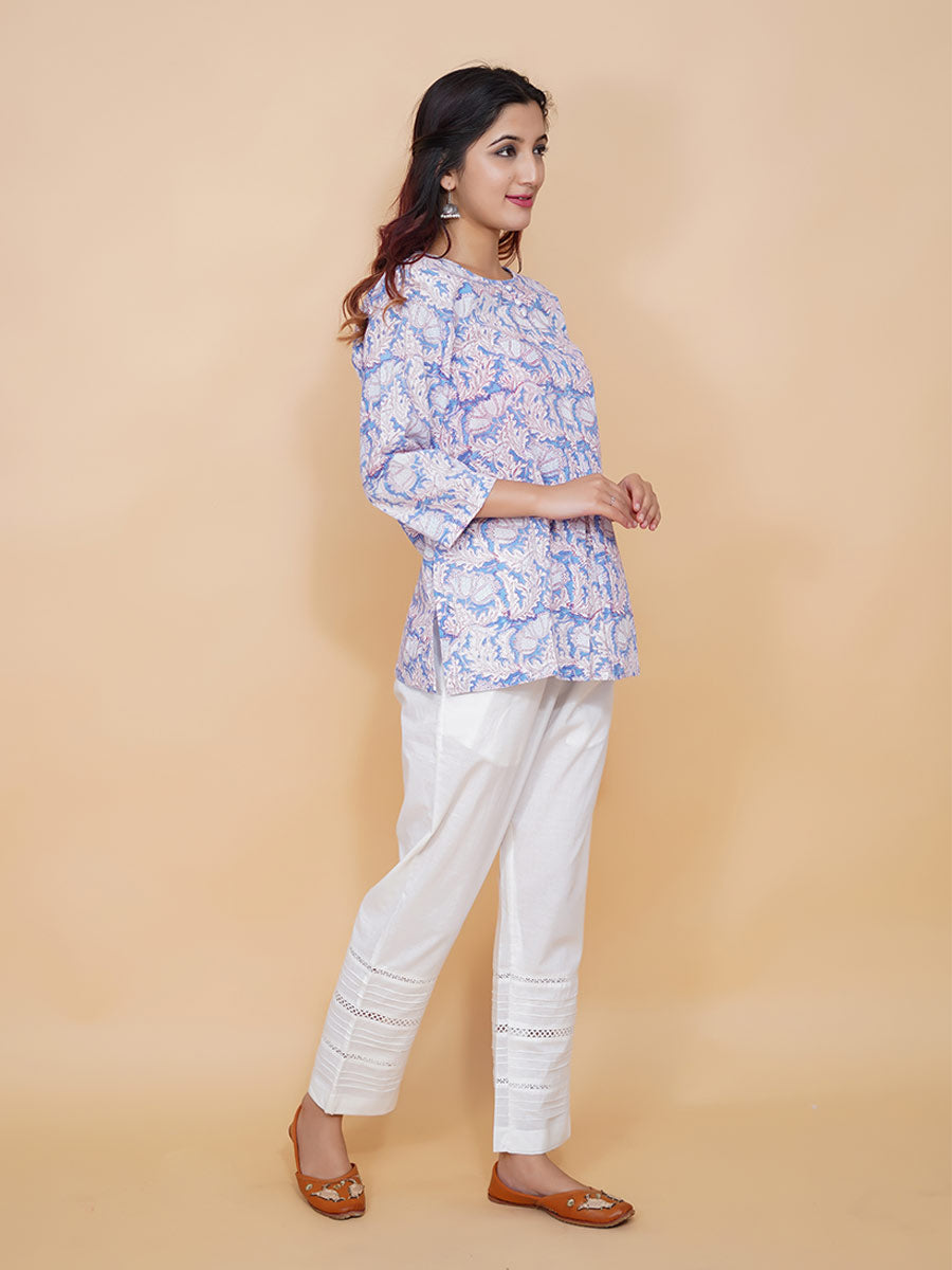 Blue Dabu Printed Cotton Short Kurta