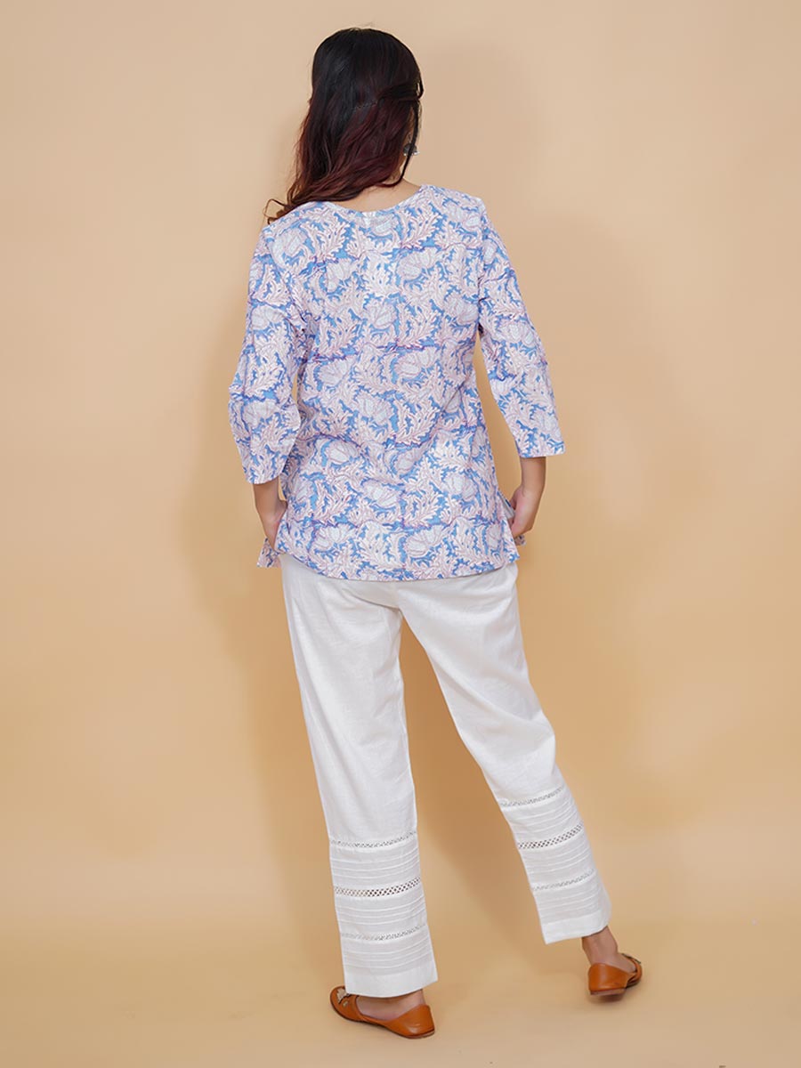 Blue Dabu Printed Cotton Short Kurta