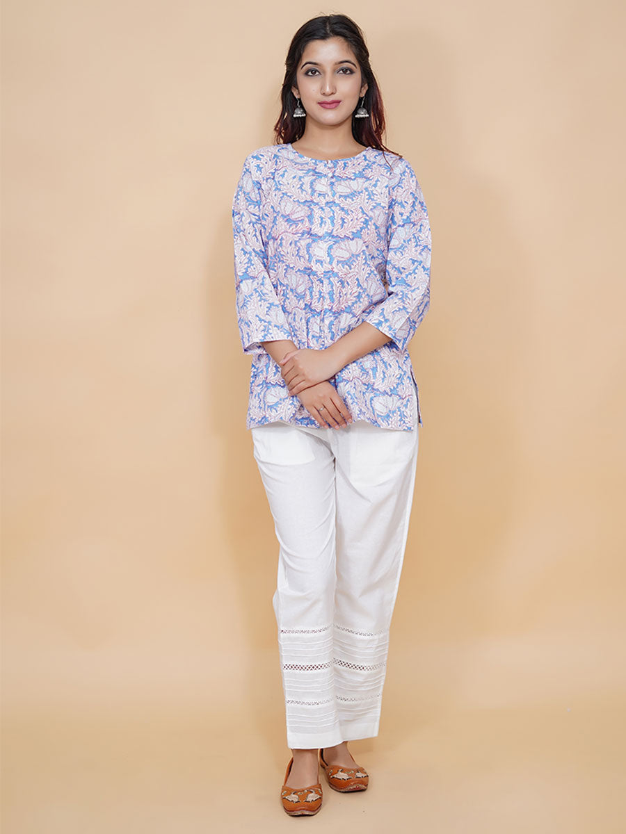 Blue Dabu Printed Cotton Short Kurta