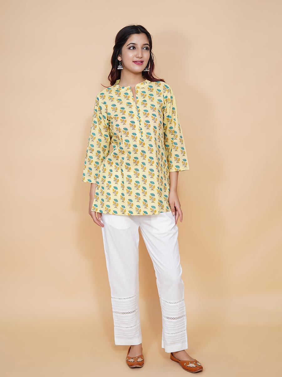Yellow Block Printed Cotton Short Kurta