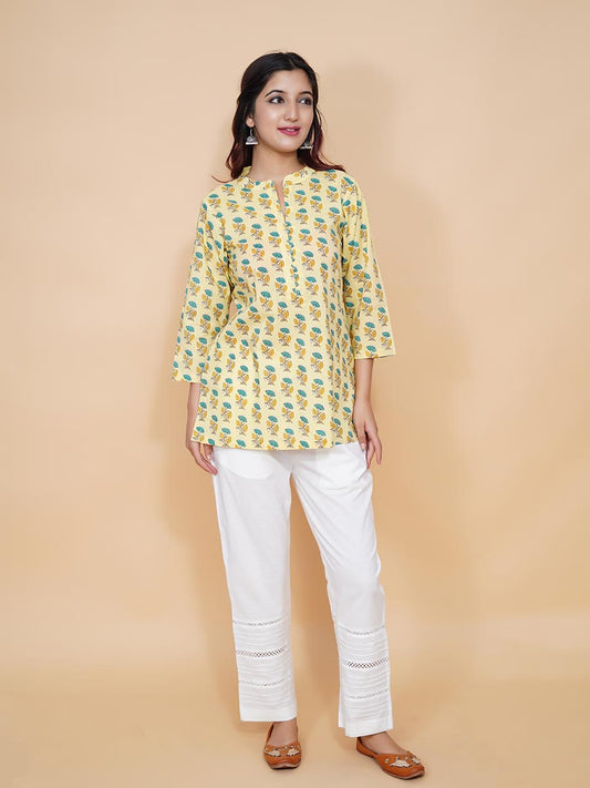 Yellow Block Printed Cotton Short Kurta