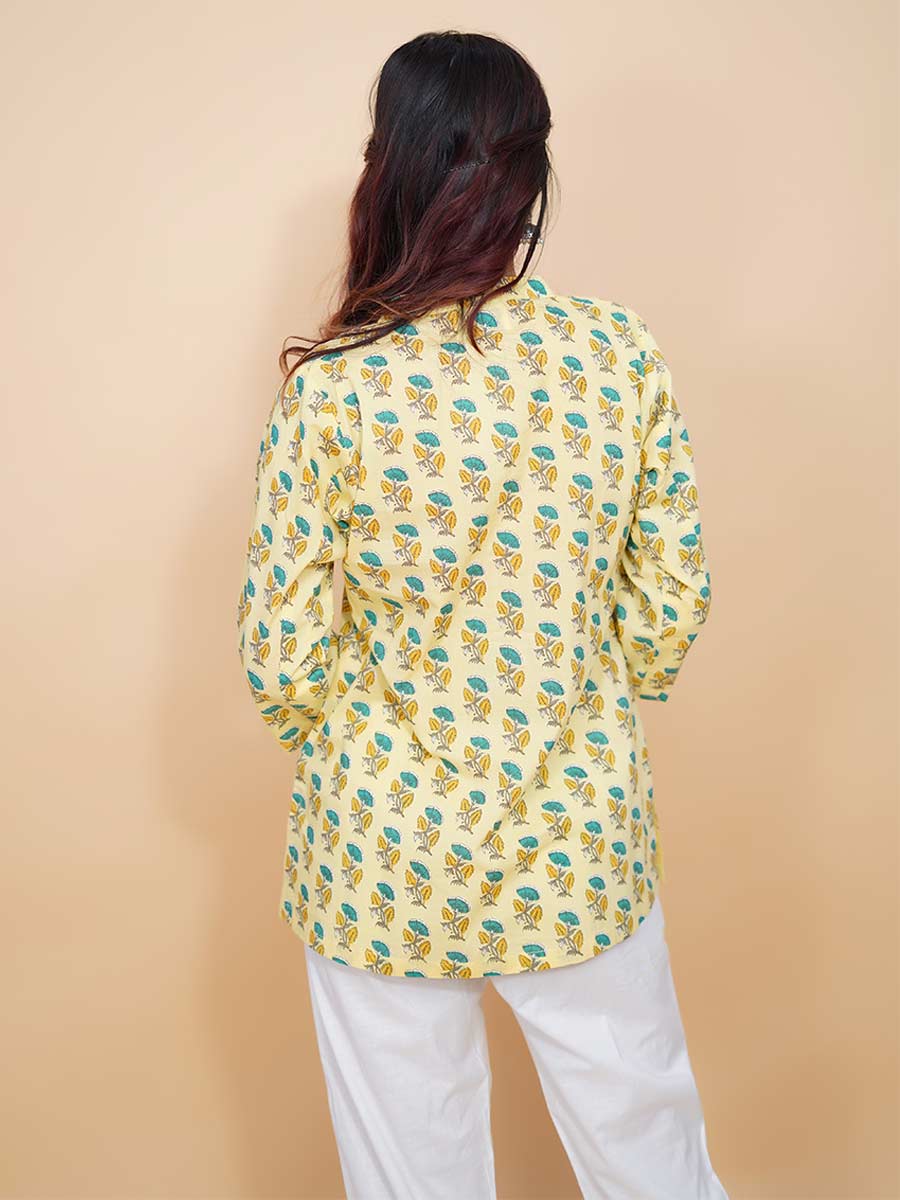 Yellow Block Printed Cotton Short Kurta