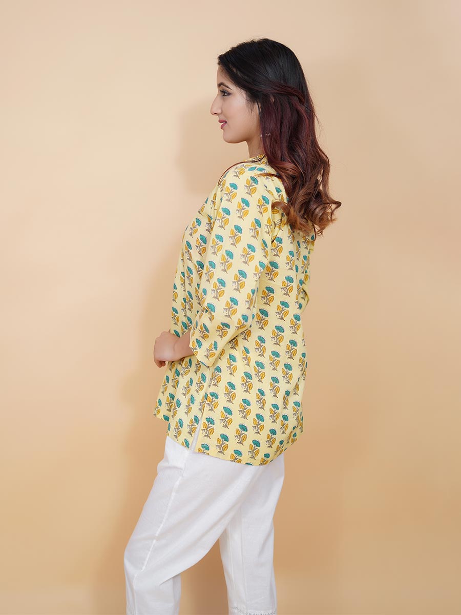 Yellow Block Printed Cotton Short Kurta