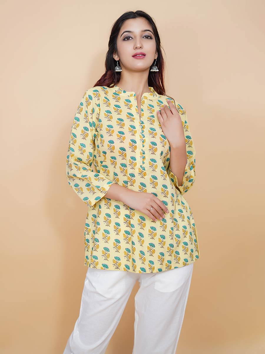 Yellow Block Printed Cotton Short Kurta