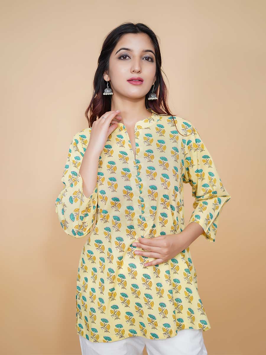 Yellow Block Printed Cotton Short Kurta