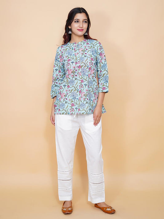 Blue Kalamkari Printed Cotton Short Kurta