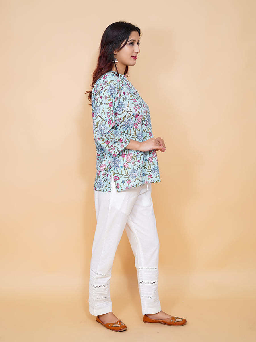 Blue Kalamkari Printed Cotton Short Kurta