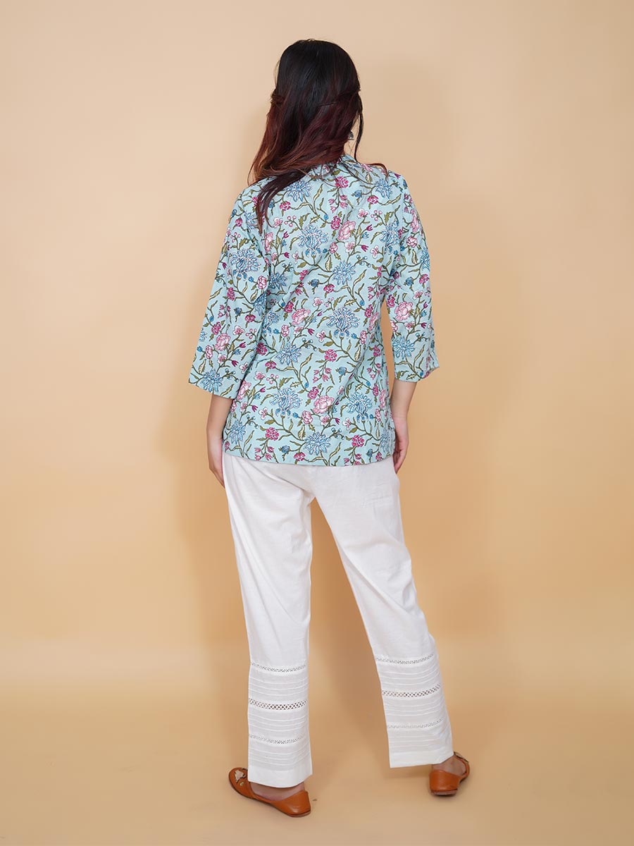 Blue Kalamkari Printed Cotton Short Kurta