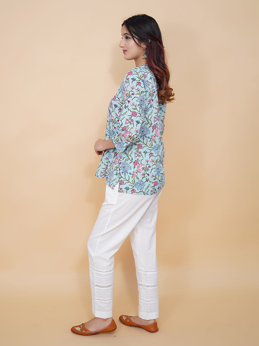 Blue Kalamkari Printed Cotton Short Kurta