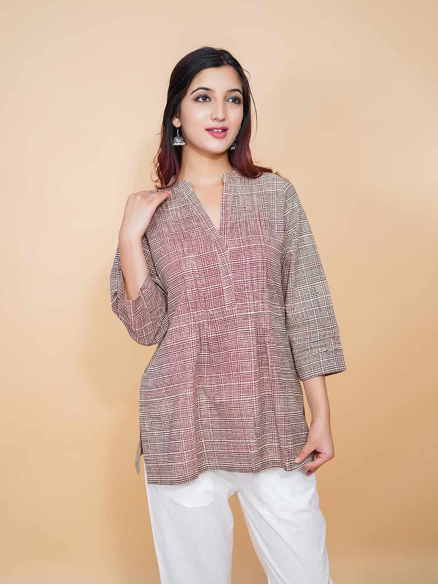 Multicolor Check Printed Cotton Short Kurta