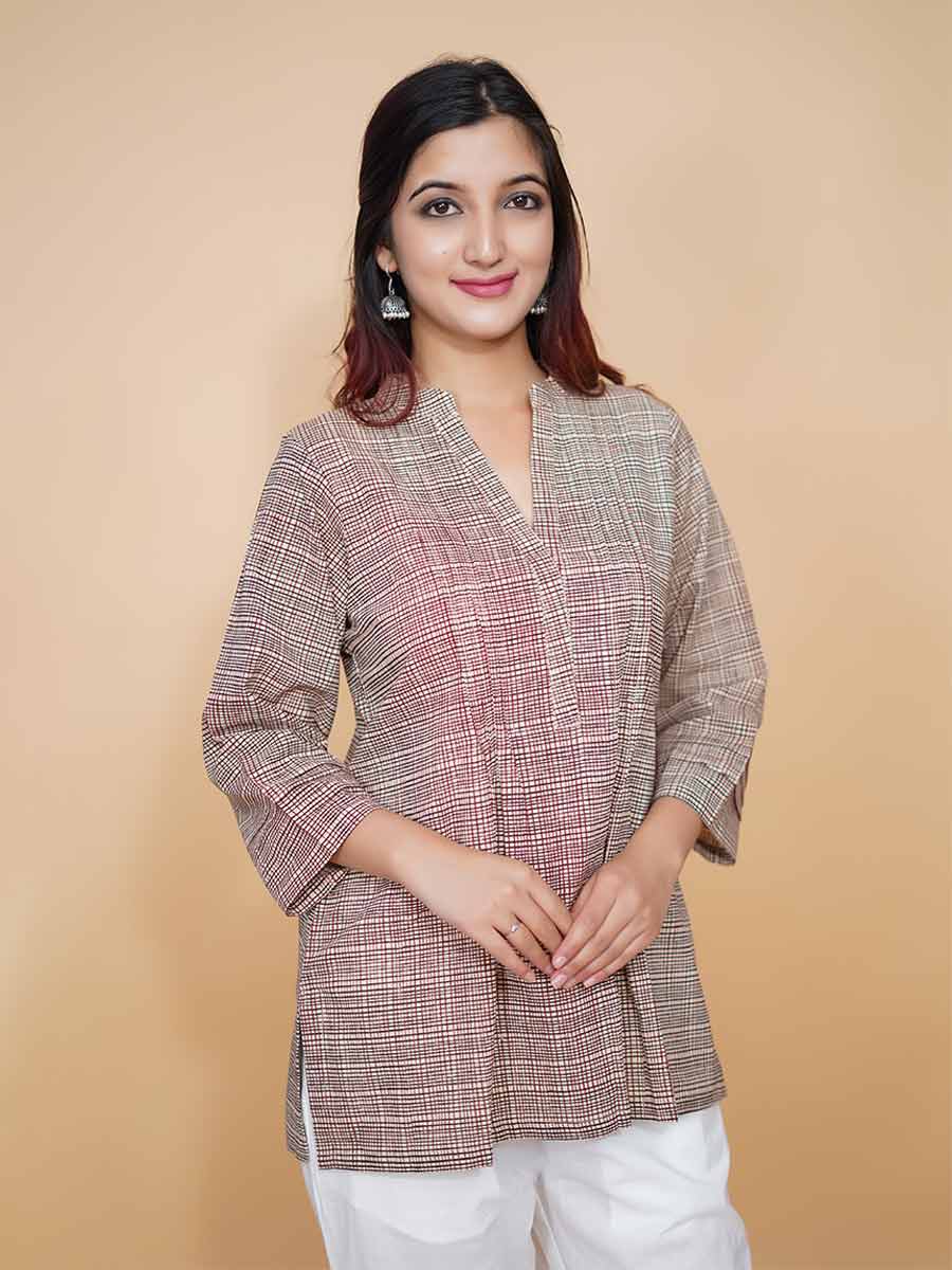 Multicolor Check Printed Cotton Short Kurta