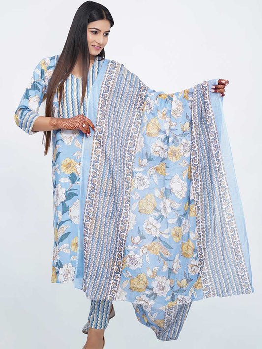 Blue Printed Cotton Dupatta