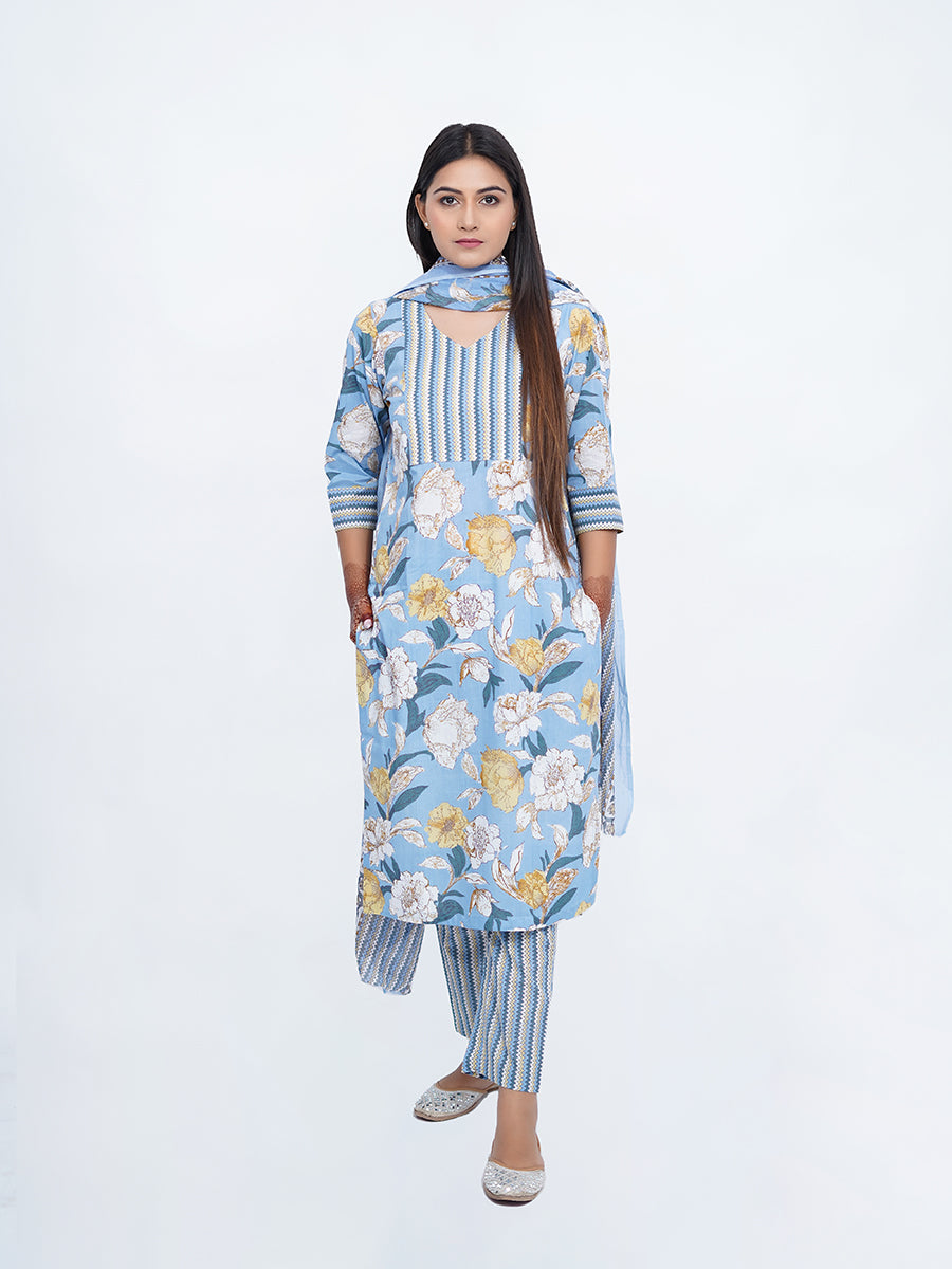 Blue Printed Cotton Dupatta
