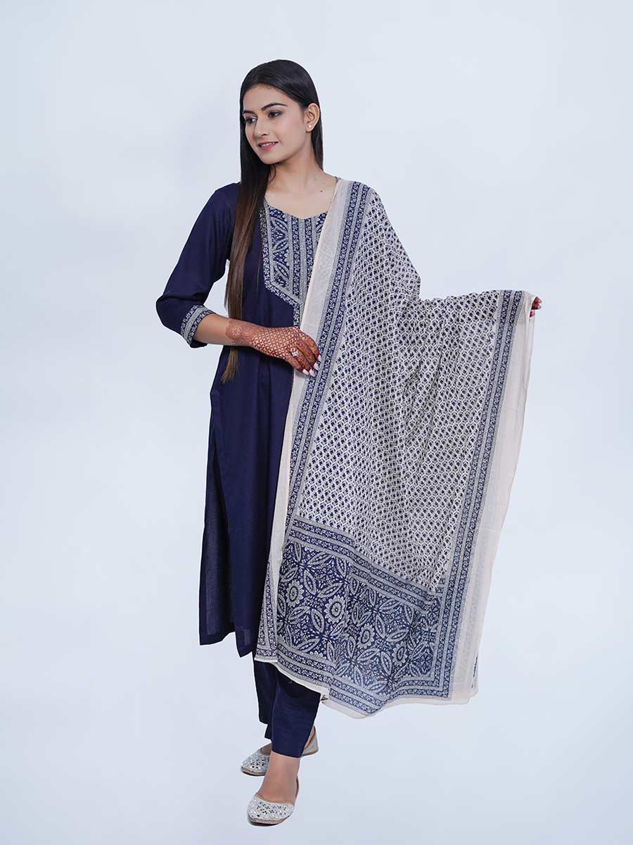 Blue Rayon Block Print Suit Set