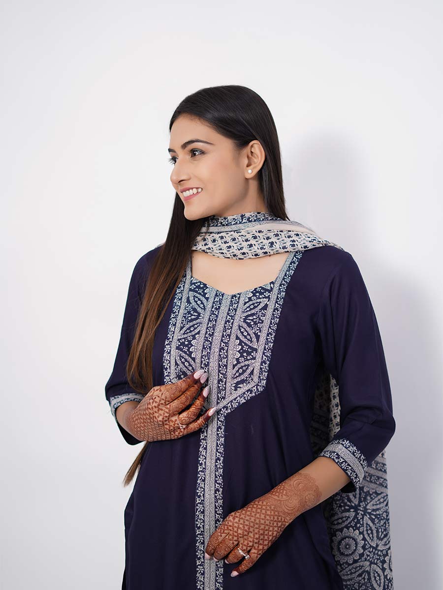 Blue Rayon Block Print Suit Set