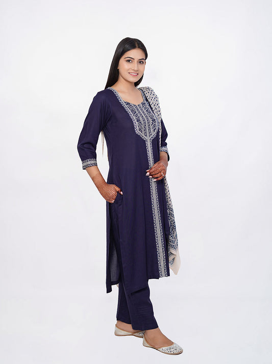 Blue Rayon Block Print Suit Set
