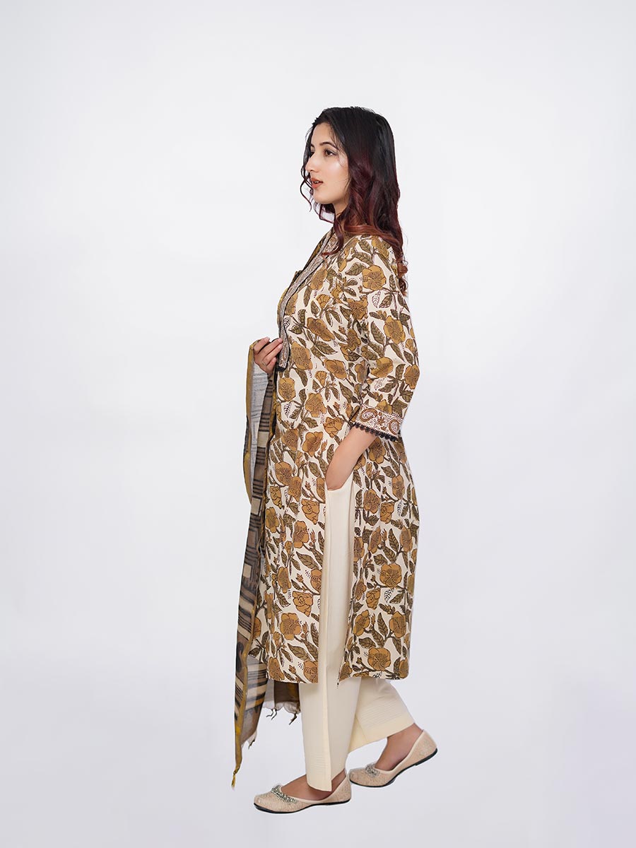 Brown Cotton Dabu Print Suit Set