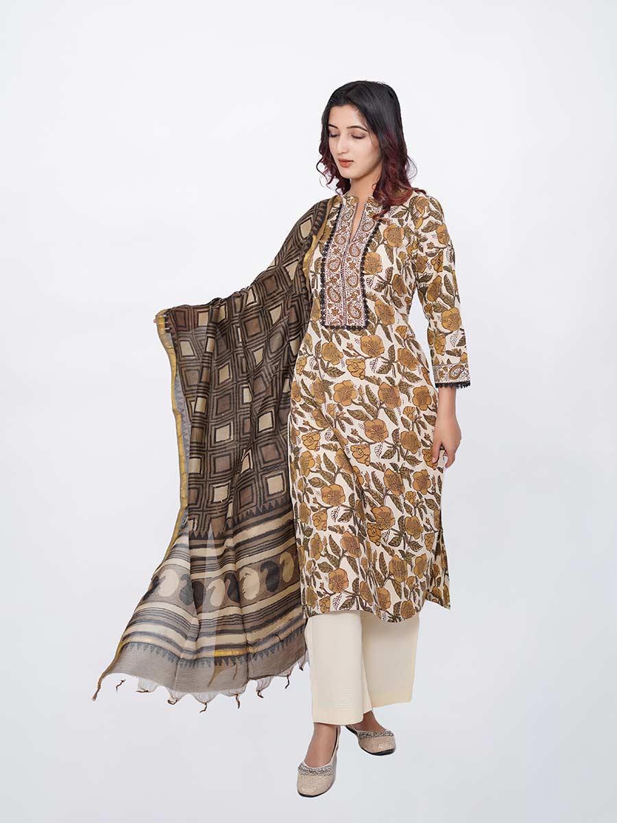 Brown Cotton Dabu Print Suit Set