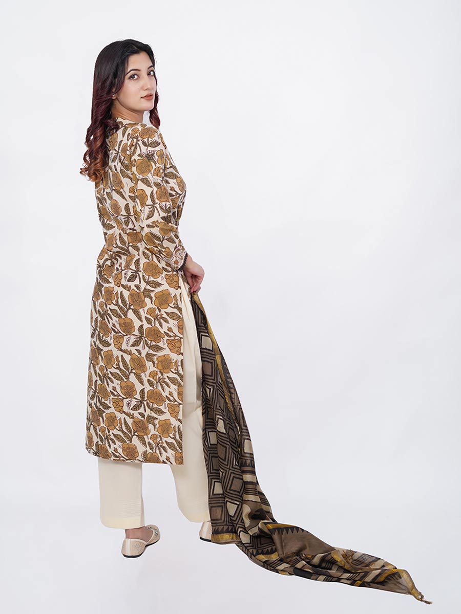 Brown Cotton Dabu Print Suit Set
