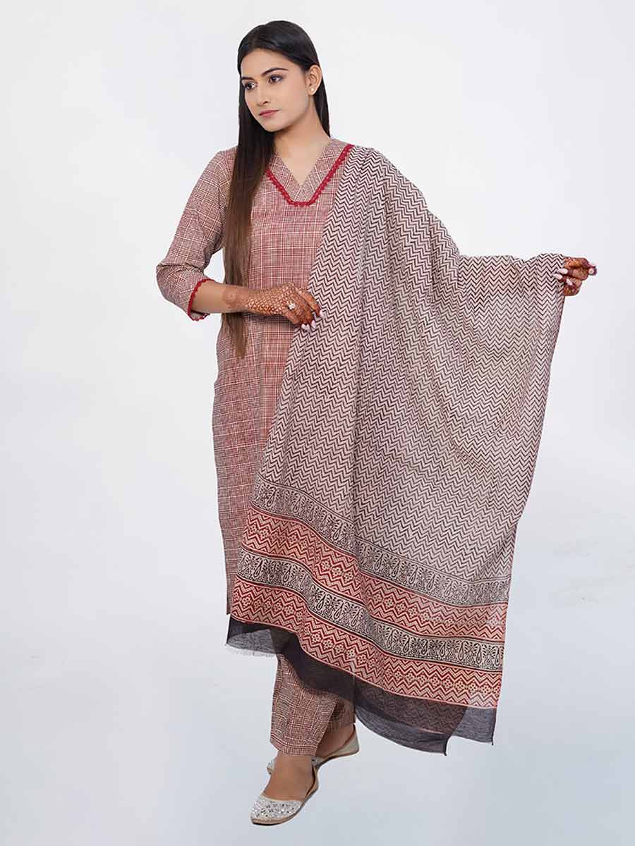 Brown Cotton Checked Print Suit Set