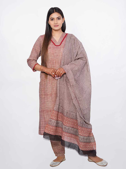 Brown Cotton Checked Print Suit Set