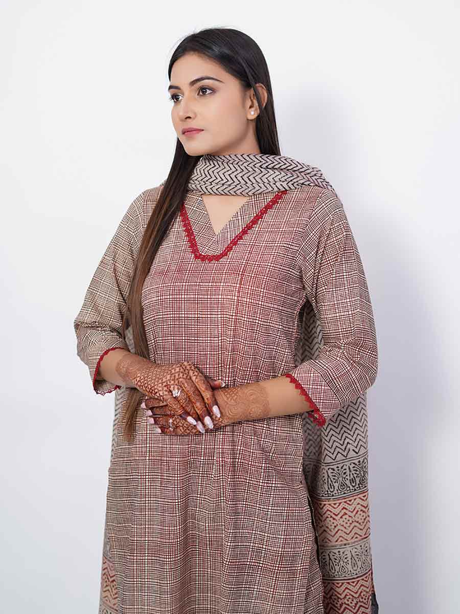 Brown Cotton Checked Print Suit Set